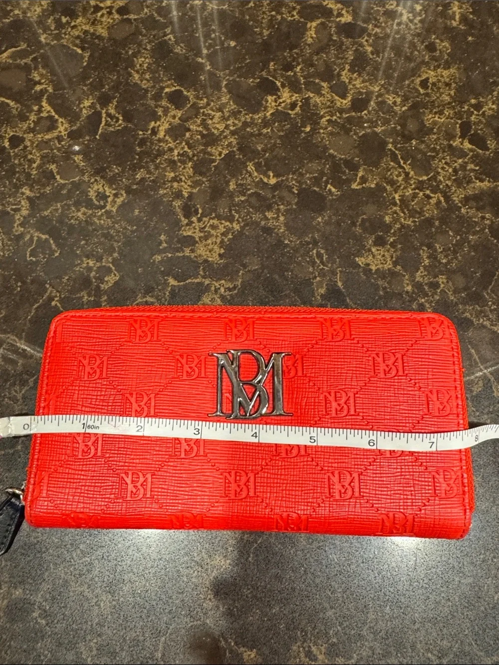 Badgley Mischka Red Zip Wallet with Embossed Logo zipper pull replaced